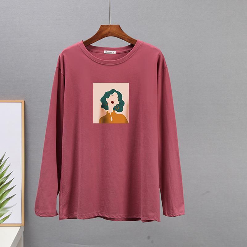 Trička s bavlněným základem Hirsionsan Dámské Jarní Retro Abstraktní postavy Potištěné Trička Dámské Pro volný čas Měkké Dívčí topy s Dlouhým rukávem