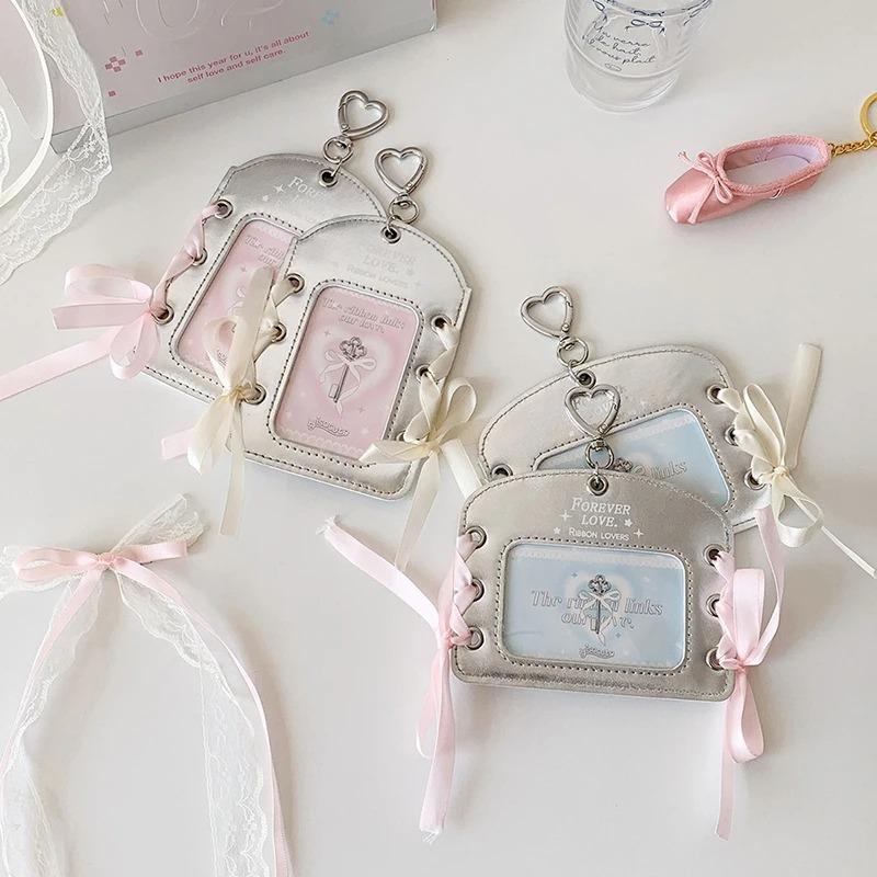 Lace Photocard Holder INS Style Silver PU Transparent Student ID Card Cover Case with Keychains DIY Bow Ribbon Decor