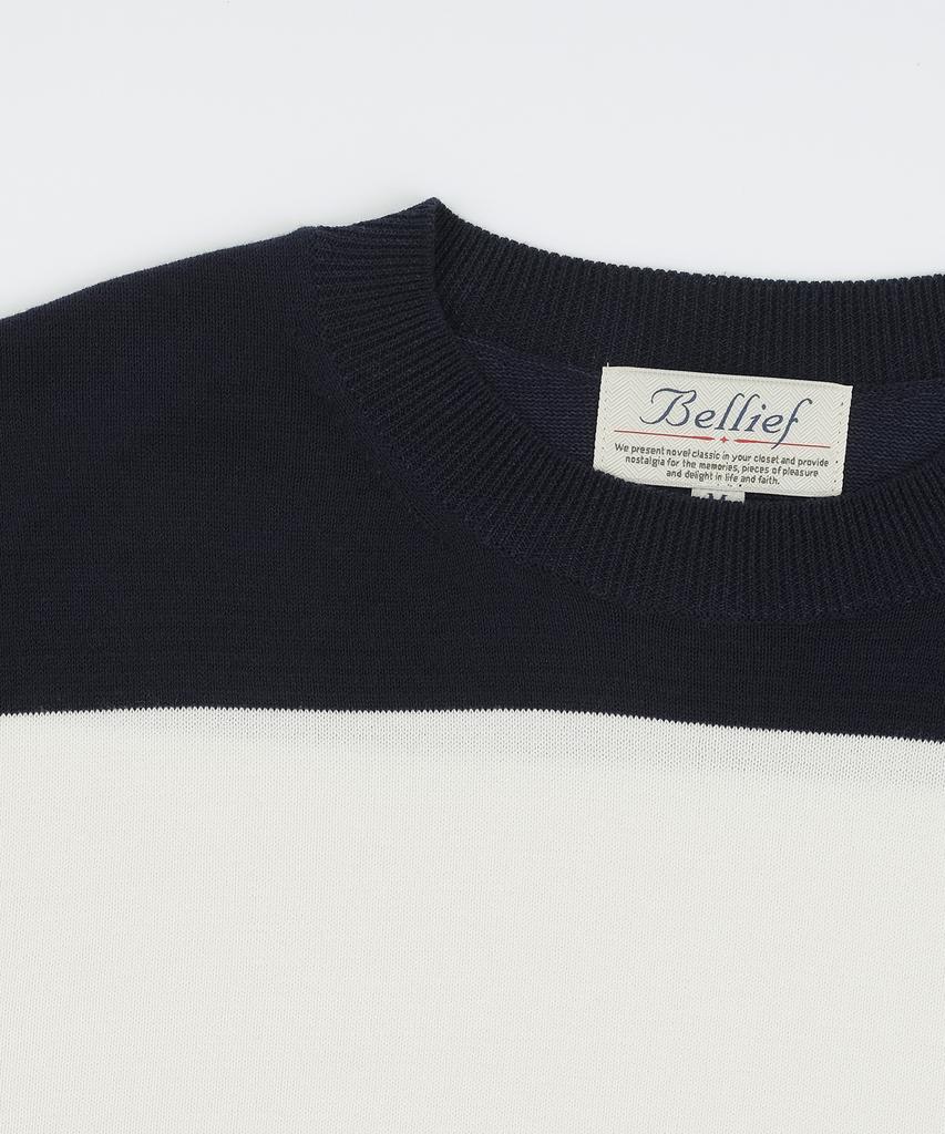 BELLIEF Essential Hard Twist Cotton Short Sleeve Striped Knit (Ivory/Navy)