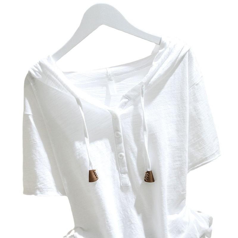 Women's Spring and Summer Loose Hooded Short-sleeved T-shirt Solid Color Comfortable Literary Pullover Tops
