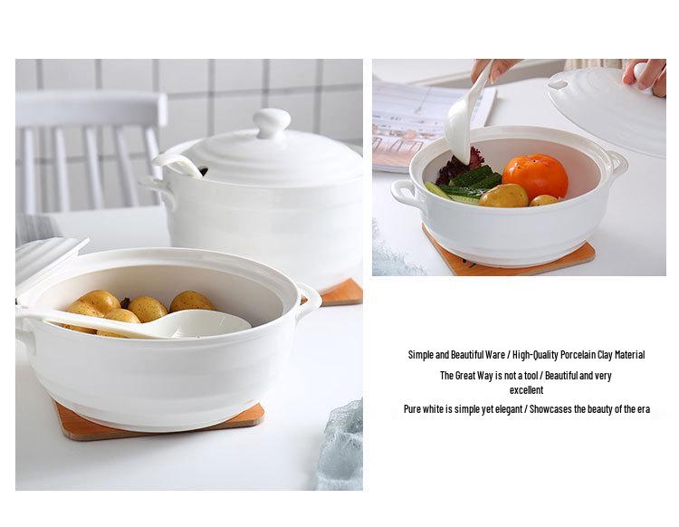 Double Ear Ceramic Soup Bowl Set with Lid - Microwave Safe, Includes Large Spoon and Tureen, Pure White, Creative Design (8 Bowls)