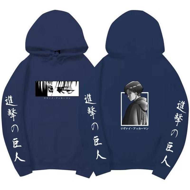 Attack On Titan Levi Ackerman Hoodie Unisex Fleece Sweatshirt Front Manga Eyes Print, Back Levi Portrait, Japanese Sleeve Text Autumn Winter Pullover