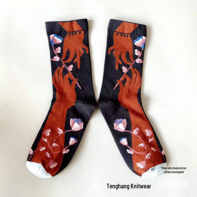 Șosete la modă cu pictură în ulei franceză: Șosete de vițel colorate, cu tub mediu-înalt, de nișă, la modă pentru femei