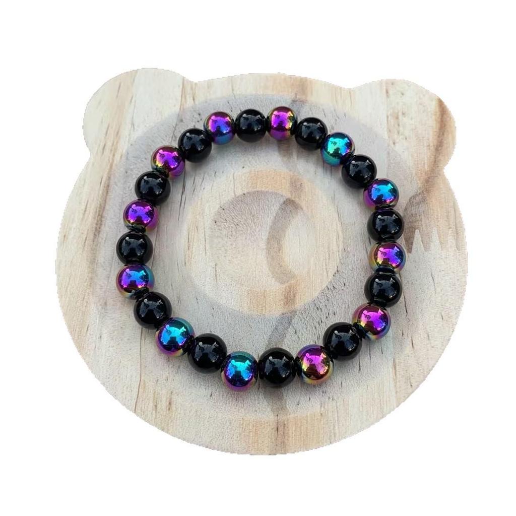 Siedmiokolorowa elastyczna bransoletka z koralików hematytu i obsydianu