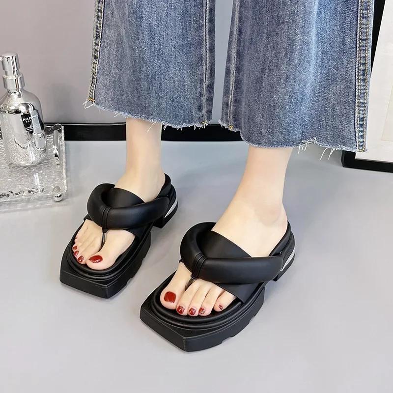 Fashion Women's Muffin Thick-soled Sandals 2025 Summer New Toe Flip-flops Shoes