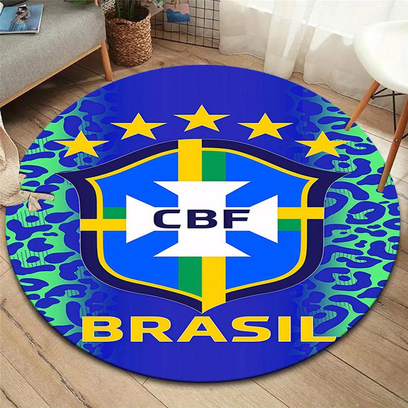 Brazil National Football Team Round Area Rug,Carpet Rug for Living Room Bedroom Sofa Playroom Decor,Non-slip Floor Mat