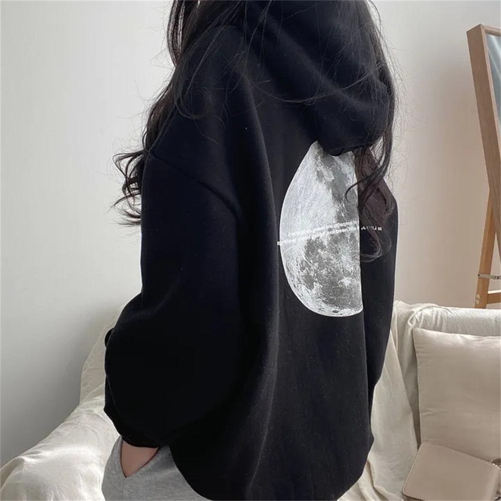 Women's Hooded Long Sleeve Sweatshirt Loose Fit Casual Moon Print Pullover Hoodie Top