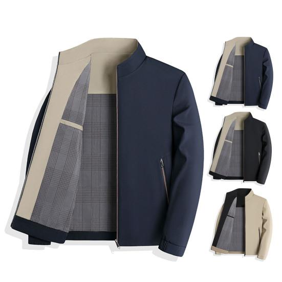 Jachetă pentru bărbați Guler cu mânecă lungă, culoare solidă, căptușeală în carouri, haină, buzunare, cu fermoar, îmbrăcăminte casual