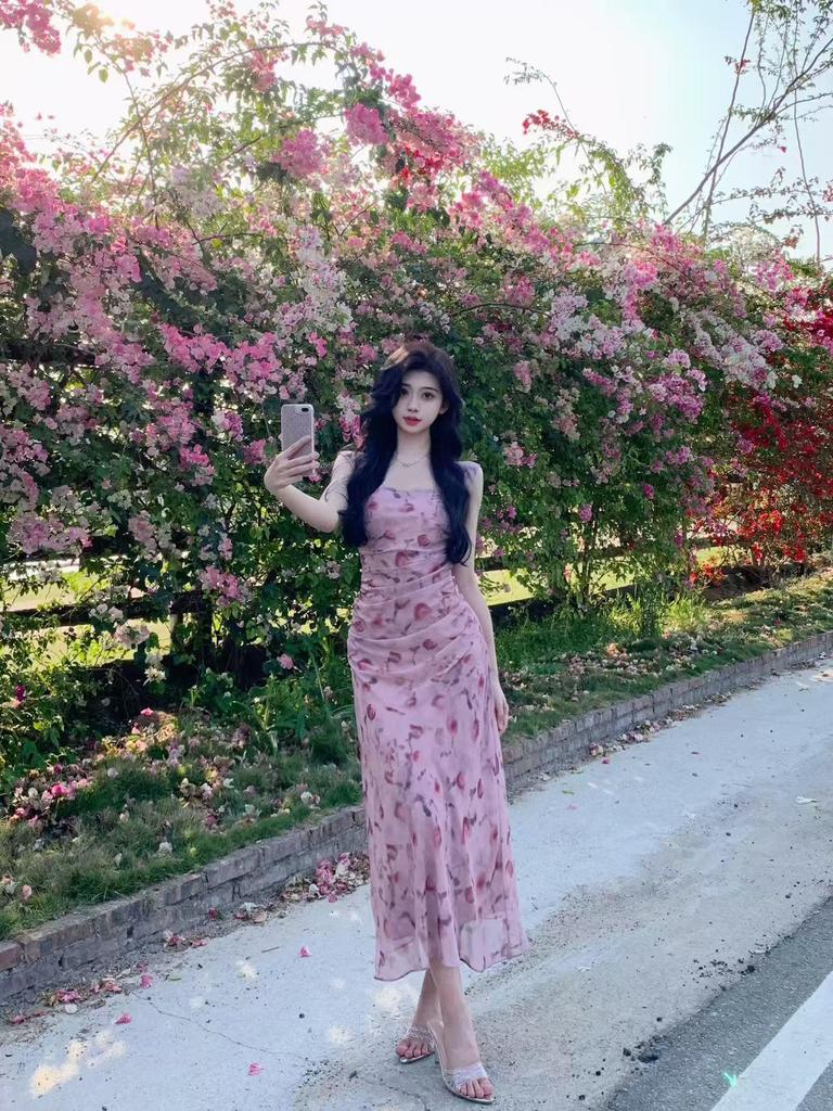 2025 Summer French Pink Chiffon Floral Slim Fit Camisole Dress