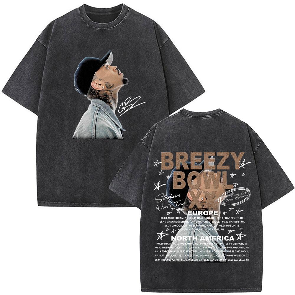 Rapper Chris Brown Breezy Bowl XX Tour 11:11 Vintage Washed T-Shirt Herren Damen Mode Hip Hop T-Shirts Baumwolle Oversized T-Shirts