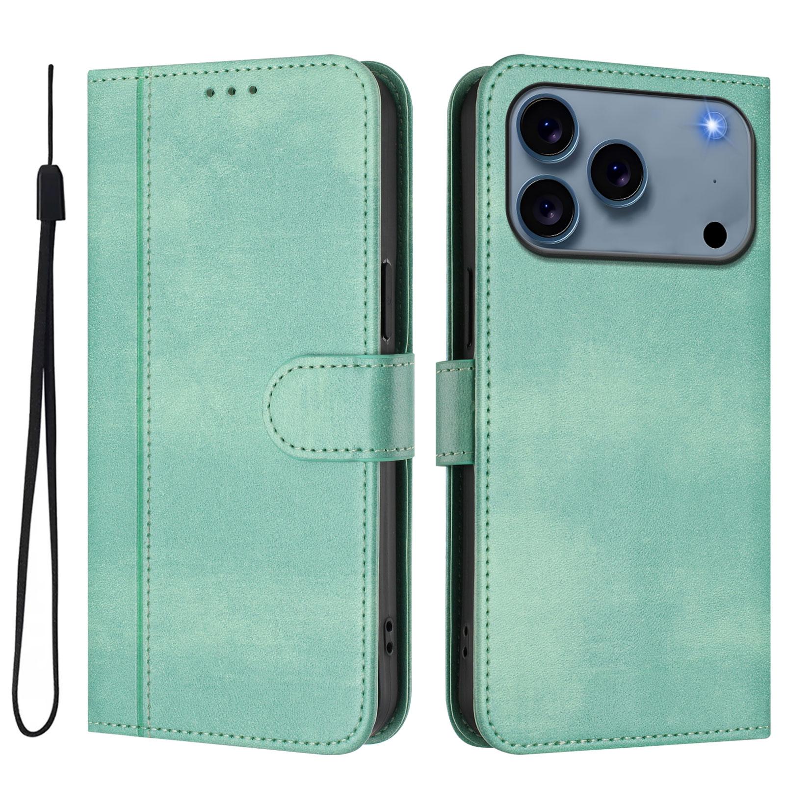

For iPhone 17 Pro Max Cases Wallet Stand Retro Texture Leather Phone Cover with Lanyard Mint Green