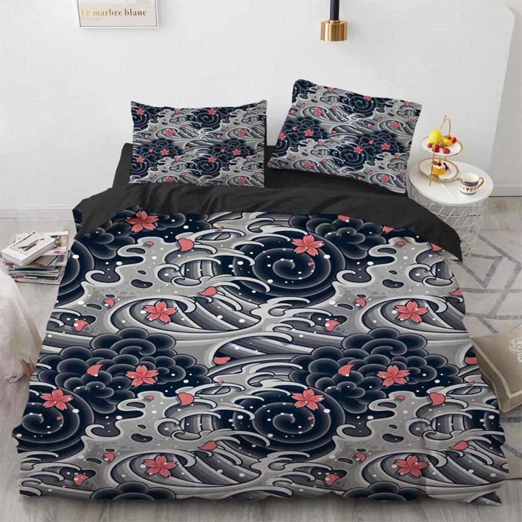 Wave Duvet Cover Hokusai Pattern Japanese Ukiyoe Quilt Cover Oriental Sketch Style Ocean Polyester For Children Women Room Decor