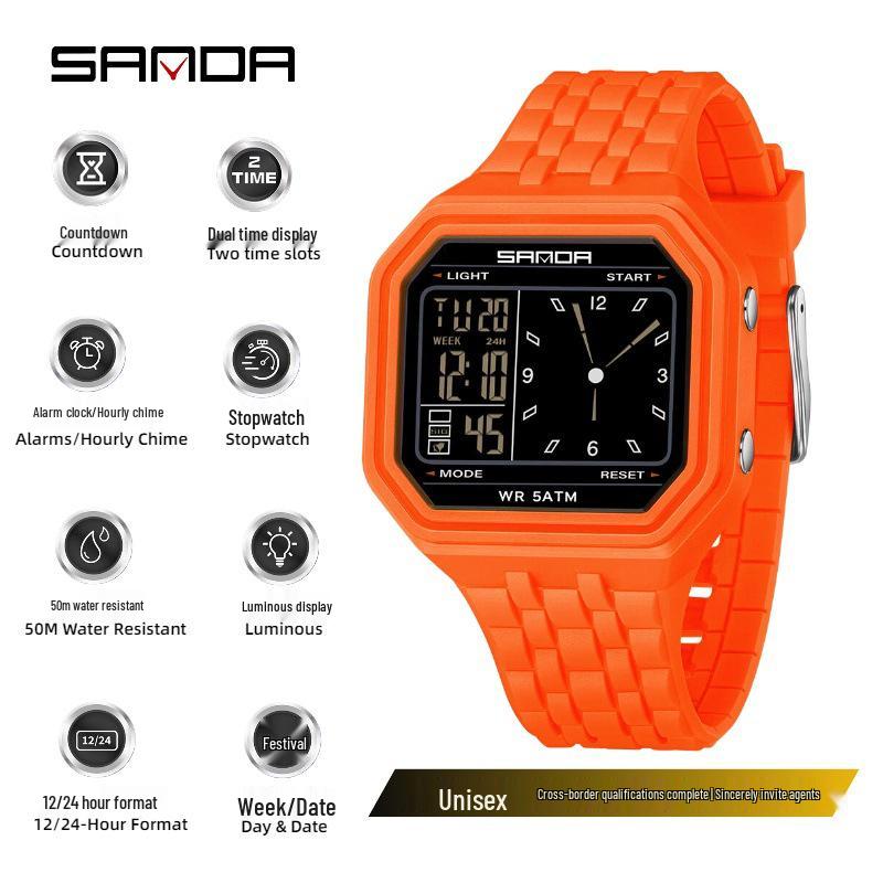 Sanda Creative Square Multifunctional Dual Display Student Watch - Countdown, Alarm, Waterproof, Trendy Electronic Timepiece.