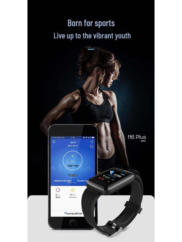 116Plus D13 Smart Sports Bracelet with Color Screen, Step Counter, Bluetooth Alerts, Heart Rate & Blood Pressure Monitor.