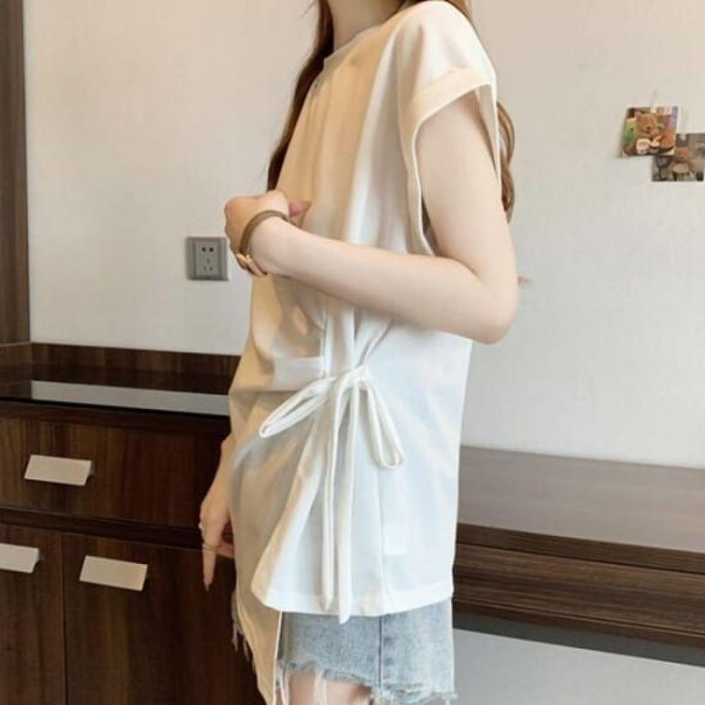 Navava Women Unbalanced WaisT Ribbon ShorT Sleeve T shirT nT2814