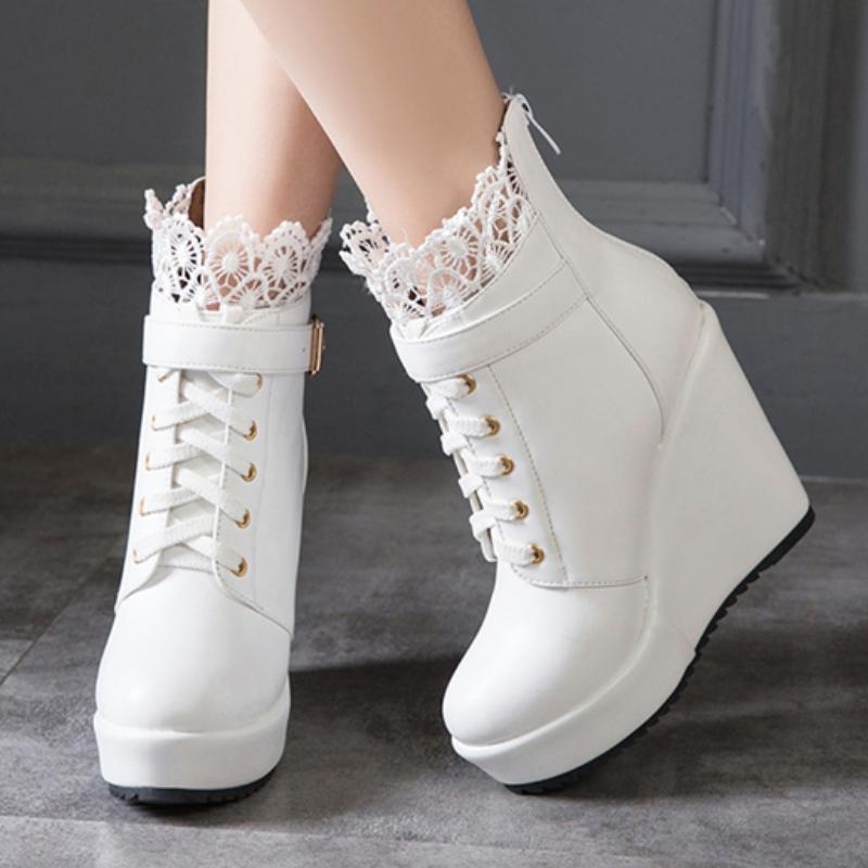 Klínové boty Kotníkové boty pro ženy Platforma Zimní Podzimní Šněrovací Černé Bílé Dámské Krátké Boty Klínové boty Dámské
