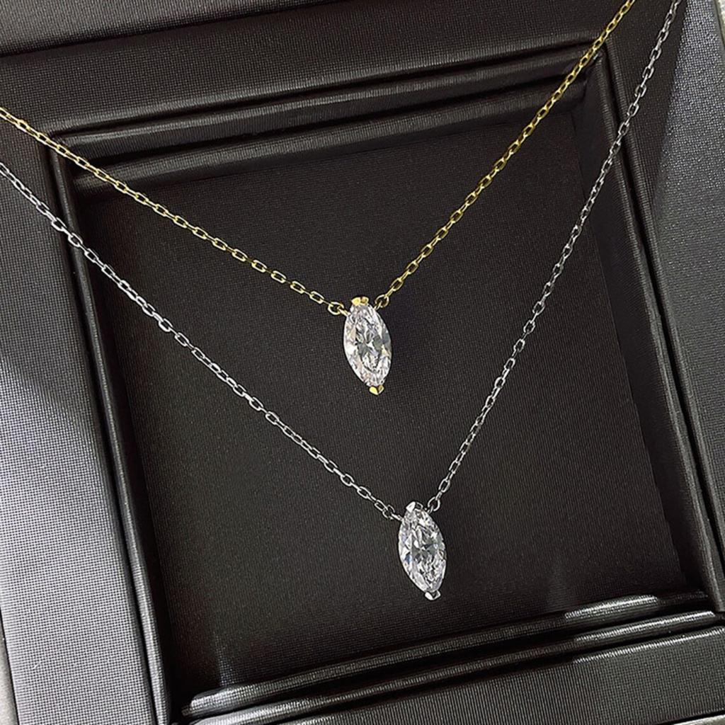 Two Prong Marquise Cut Single Stone Pendant Thin Link Chain Two Tone Minimalist Women Neck Jewelry