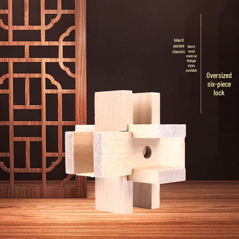 Large Beech Wood Six-Piece Luban Lock Toy with Mortise and Tenon Joints, Intelligence Unlock Puzzle with Sample Drawing Available