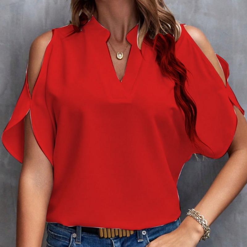 

Женские модные повседневные однотонные блузки и рубашки с v-образным вырезом и коротким рукавом с принтом XXL красный