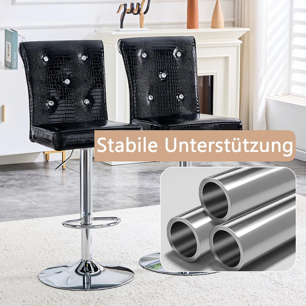 A Set of 2 Black Vintage Crocodile Leather Lift Bar Stools, with Crystal Buckle and Synthetic Leather Design, Add Elegance and Mystery to Dining Area