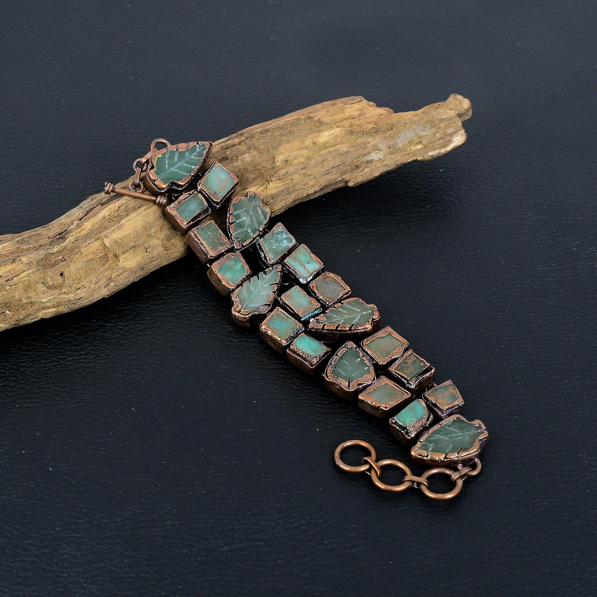 

Браслет из резного зеленого оникса, Ювелирные изделия из гальванизированной медью, Браслет ручной работы ко Дню матери