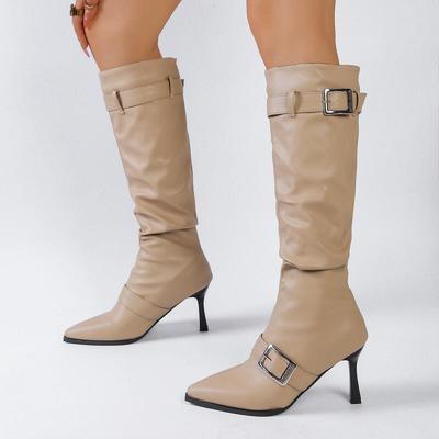 Fashion Fashion Metal Buckle Decoration Long Boots for Women Solid Pointed Toe Autumn Knee High Boots Sexy Super High Heel Party Shoes