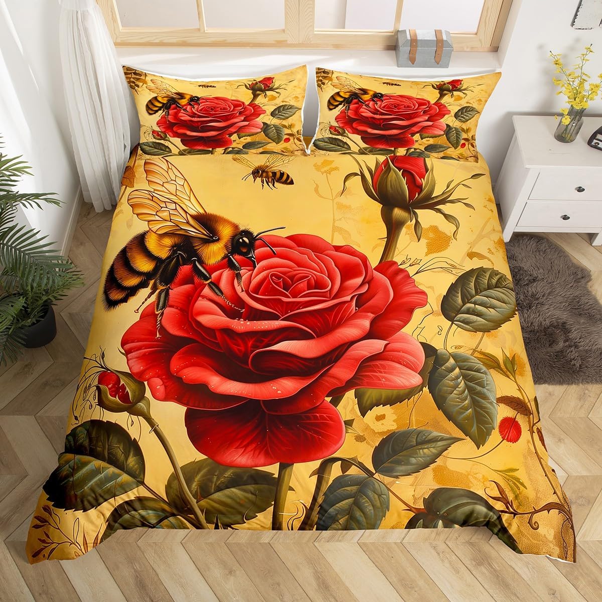 

Comforter Bee Twin Honeybee Bedding Set Farmhouse Wild Animal Comforter Boho White Daisy Flowers Floral Wreath Bed Set Comforter (quilt)-EU Single(135*200cm)3pcs