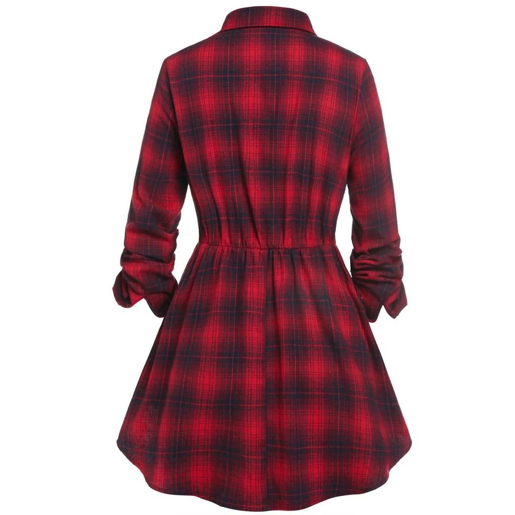 Women Fashion Casual Plaid Printed Long Sleeve Mid Length Belted Lapel Lace Dress