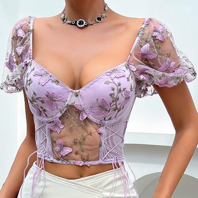 New Open Back Perspective Strap Spliced Mesh Corset Top