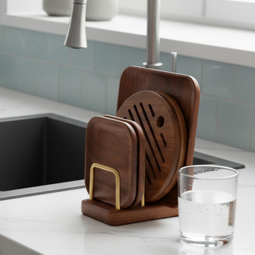 Cutting Boards Holder Multi Layer Solid Wood Plate Rack Wear Resist Pan Storage Drain Rack for Home Kitchen Countertop