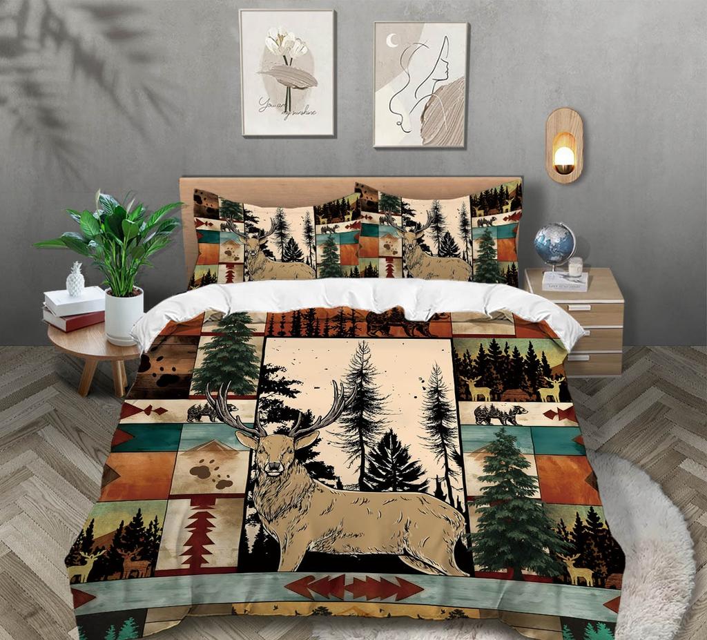 Country Farmhouse Påslakan Queen King Size Djur Vilda Djur Stuga Sängkläder Set Nostalgisk Rumsdekor 3 Delar Med 2 Örngott