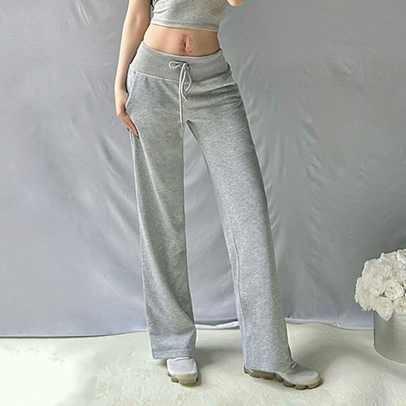 Gray Drawstring Waist Casual Sports Pants Basic Simple Fitness Jogging Straight Pants