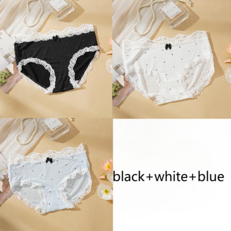 3 Pcs/Set French Lace Polka Dot Seamless Panties Women Sweet Bow Wavy Lace Edge Mid-Rise Underwear Thin Quick-Dry Briefs