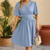 Summer Casual V Neck Short Sleeve A Line Midi Dress Women Solid Color Fashion Dress