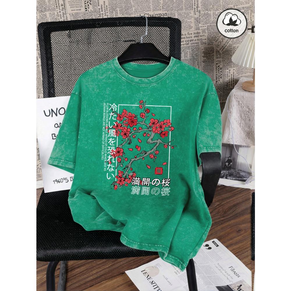 Japan Tokyo Beautiful Cherry Blossom Printed Women Washed T Shirt Summer Cotton T-Shirts Loose Y2K Clothe Short Sleeves