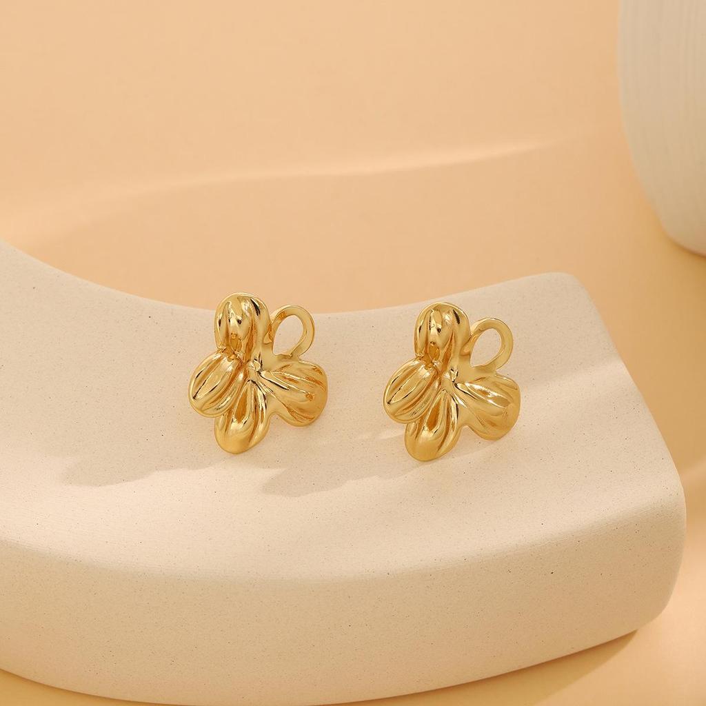 High-End Metal Heart Butterfly Flower Earrings with Exaggerated Pleated Texture