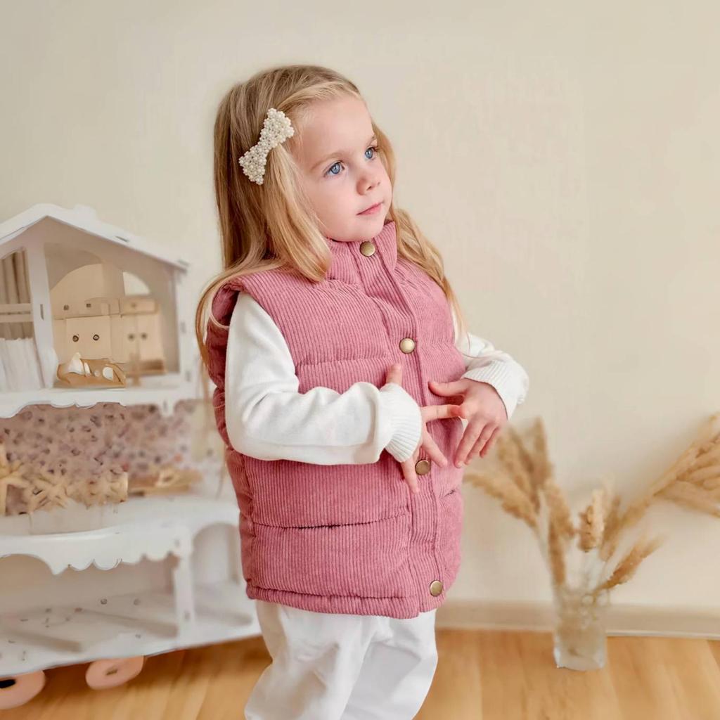 Kinder Cord Steppweste mit Stehkragen, Leichte ärmellose Oberbekleidung für Frühling Herbst, Alter 1–9, Rosa Grau Weiß