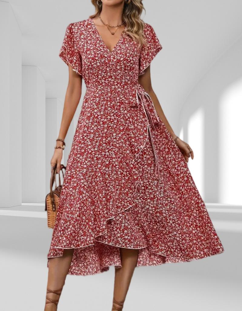 European and American summer floral new vacation short-sleeved temperament waist v-neck wrap dress