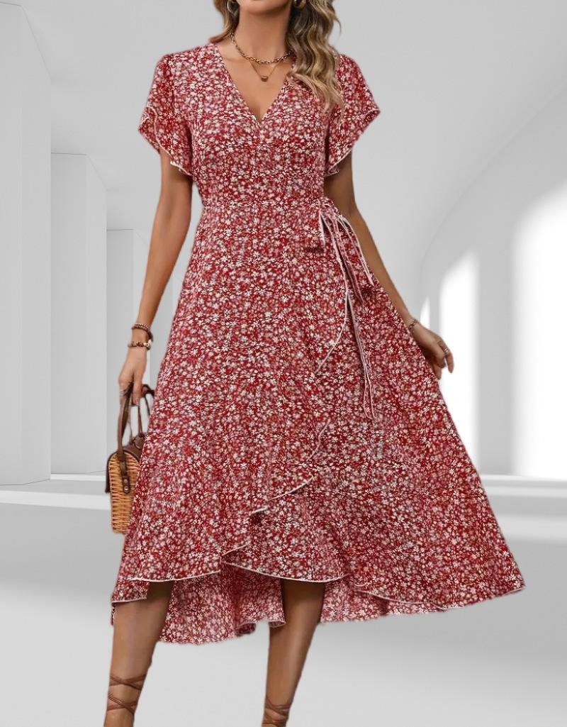 

Платье с запахом, V-образным вырезом, короткими рукавами и оборкой по подолу, повседневное летнее платье для женщин S красный