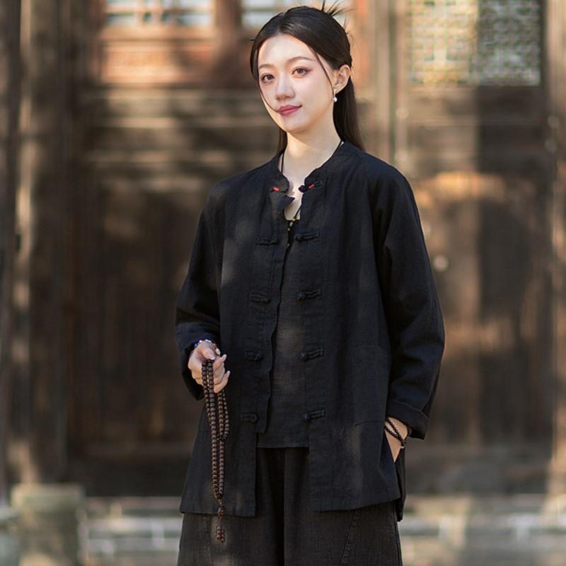 Johnature Women Vintage Shirts Stand Long Sleeve Tops Spring Chinese Style Solid Color Button Pockets Shirts