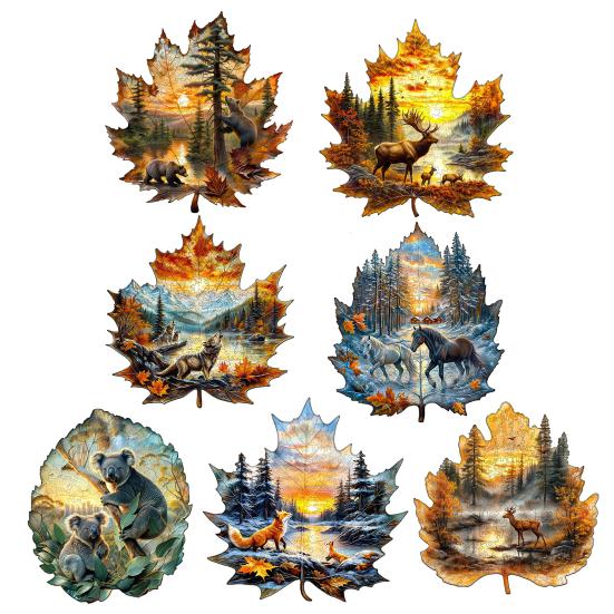 1 Set Animal Maple Wooden Puzzle Elk Bear Wolf Horse Koala Fox Deer Fall Leaf Irregular Jigsaw Puzzle Decoration Educational Toy