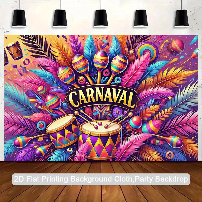 2D flat design, one-person carnival party background with Brazilian samba drums and sand balls - a vibrant carnival them