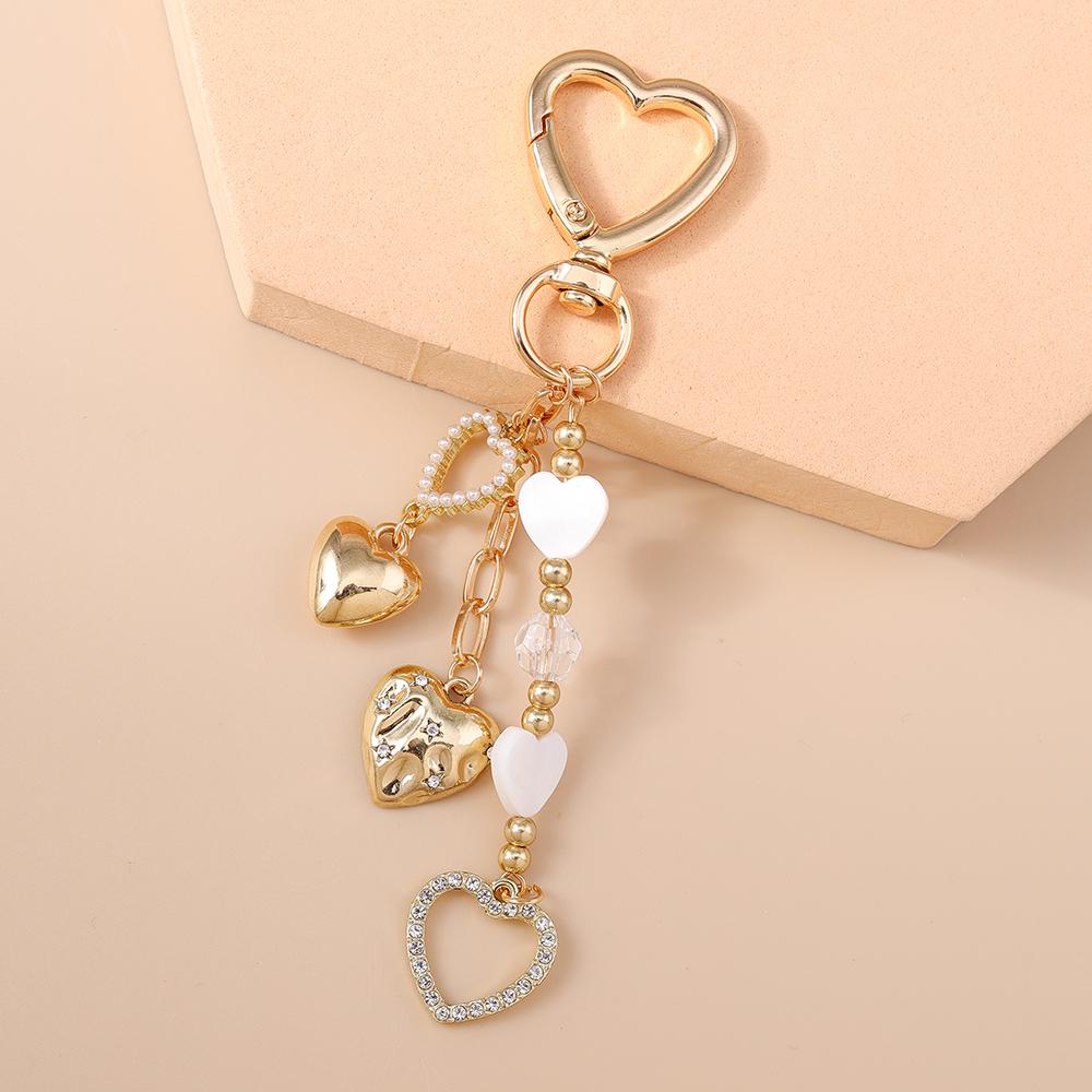 Aihua Niedlicher Y2K Metallschale Liebesherz Schlüsselanhänger Perle Schlüsselring für Frauen Mädchen Handtaschenanhänger DIY Handgemachter Schmuck Zubehör