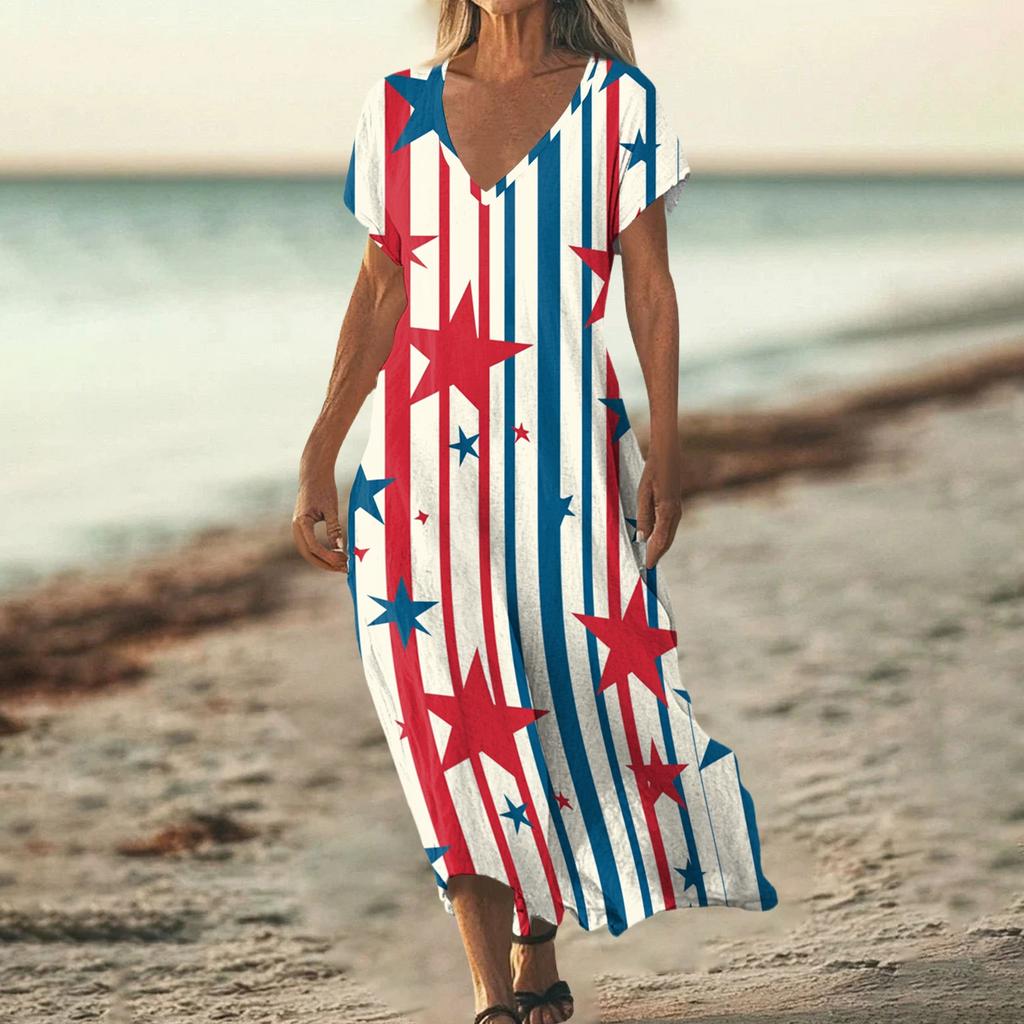 Women’s V Neck Short Sleeve Maxi Dress with Abstract Tie Dye Print Loose Fit Summer Beachwear for Casual Daily Wear