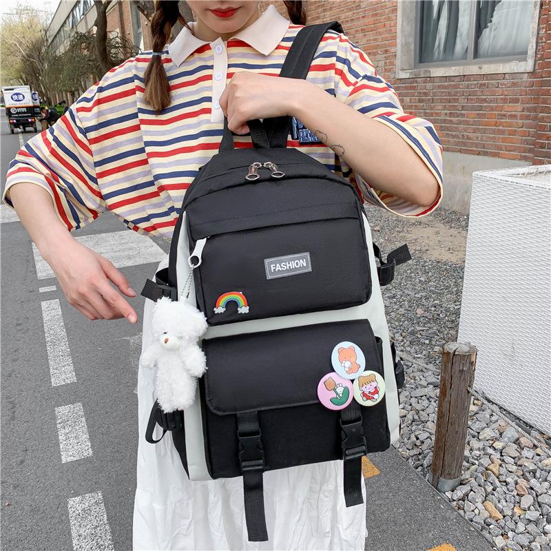 Korean Version Women's Canvas Backpack Large Capacity 4 PCS Set Middle School Rucksack Simple Wear-resistant Schoolbags with Pen Bag