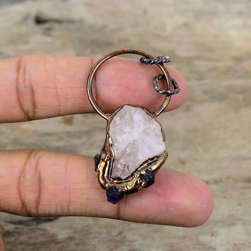 Rose Quartz Rough Pendant African Amethyst Rough Gemstone Pendant Electroformed Copper Pendant Handmade Electroformed Jewelry Wedding Gift