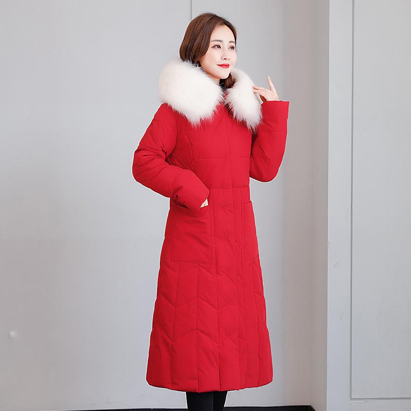 

Зимняя новая хлопковая одежда средней длины и длинная выше колена женская с большим меховым воротником приталенная и стройнящая большого размера утолщенная пуховая хлопковая одежда XXL красный