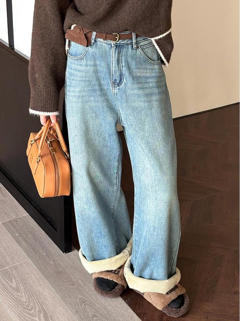 Juzhi 2024 Autumn/Winter Retro Wide-Leg Velvet Jeans