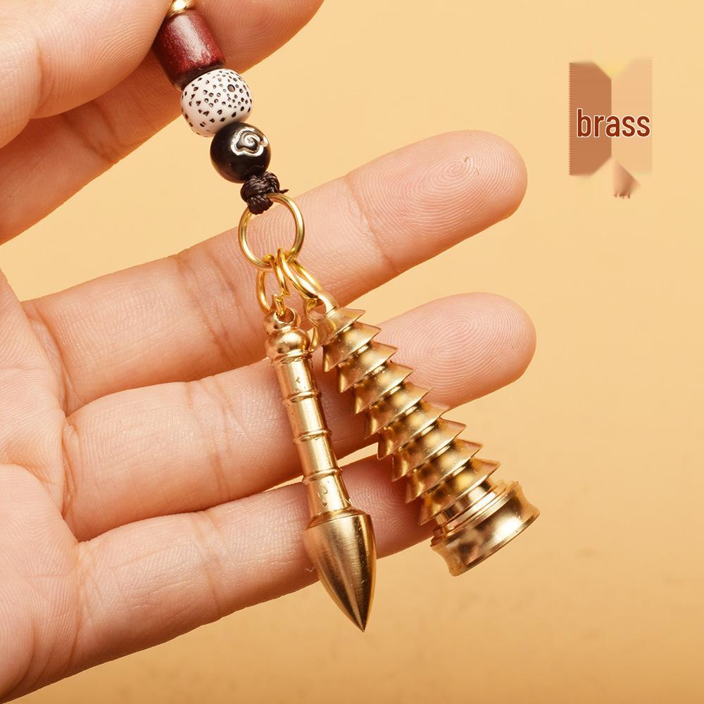 Brass Wenchang Pagoda Keychain with Five Emperor Coins and Gourd Car Pendant