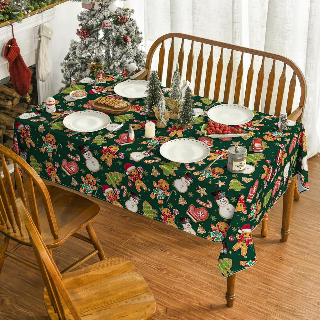Merry Christmas Gingerbread Man Polyester Tablecloth For Table Decor Winter Xmas Kitchen Dining Table Cloth Christmas Decoration